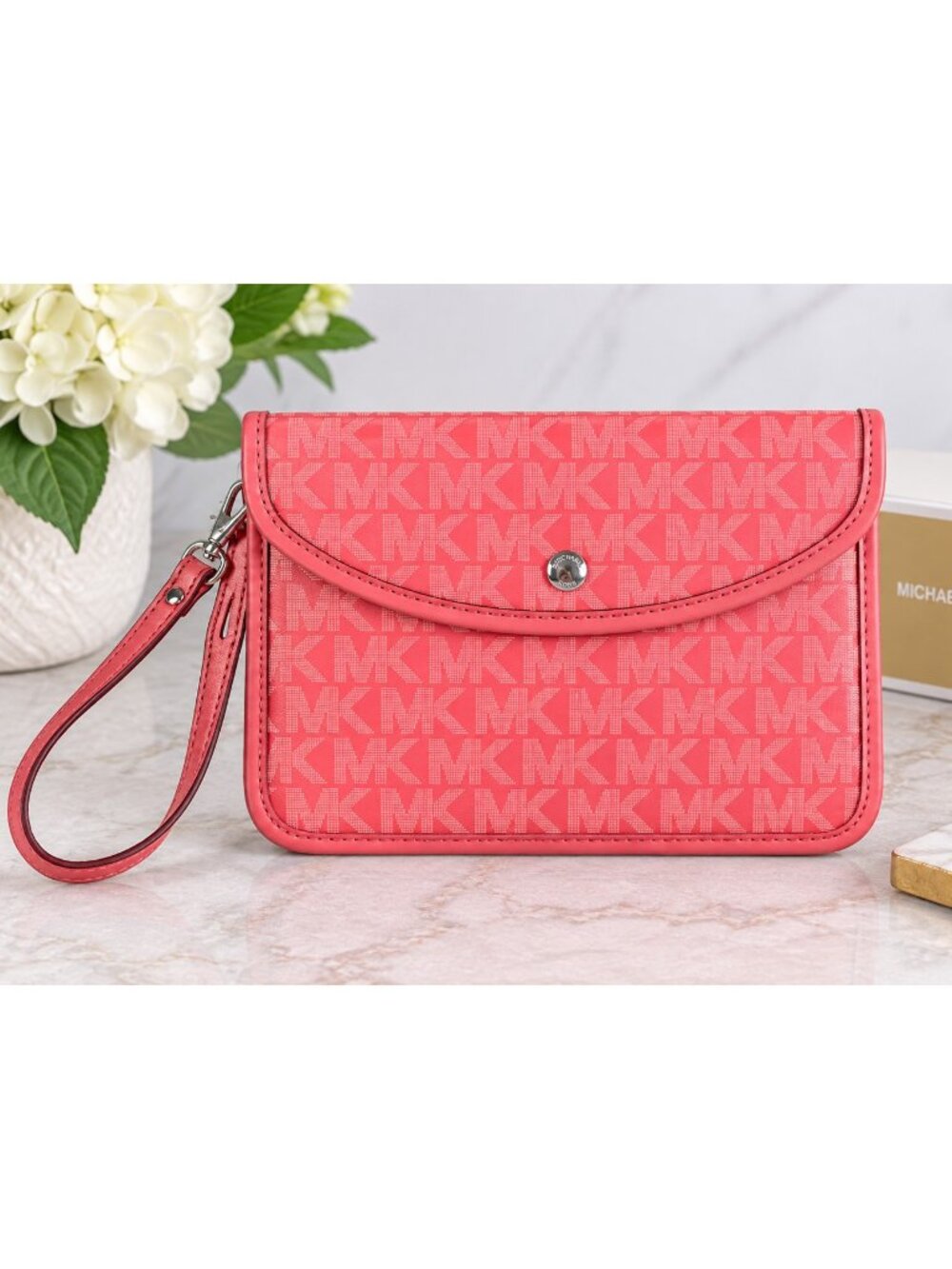 Michael Kors Coral Pink Signature MK Monogram Flap Wristlet Clutch NWOT